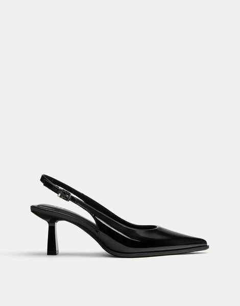  Pull & Bear Vinyl Kitten Heel Slingback Shoes In Black 