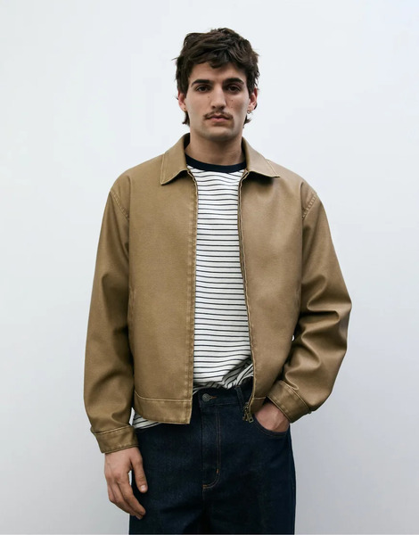  Pull & Bear Washed Faux Leather Jacket In Brown 