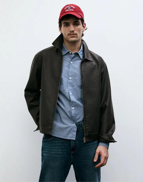 Pull & Bear Washed Faux Leather Jacket In Dark Grey 
