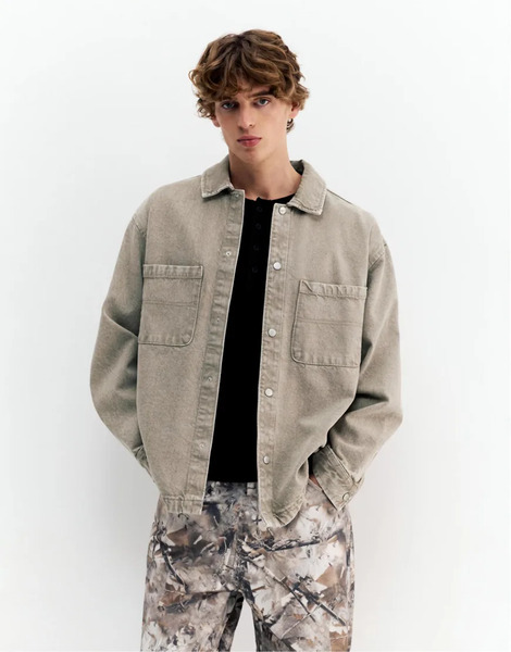  Pull & Bear Washed Finish Denim Shirt In Grey 