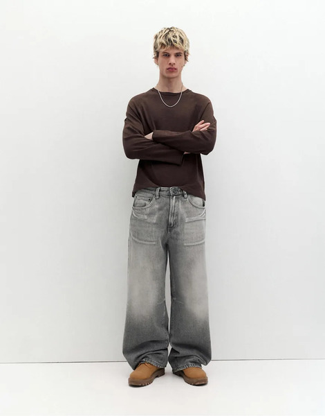  Pull & Bear Wide Leg Jeans In Dark Grey 