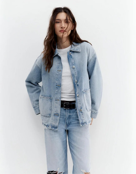  Pull & Bear Worker Denim Overshirt In Pale Blue 