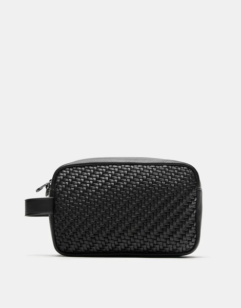  Pull & Bear Woven Handle Wash Bag In Black 
