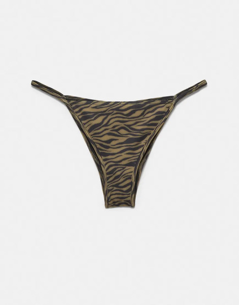  Pull & Bear Zebra Print Gathered Bikini Bottoms In Green 