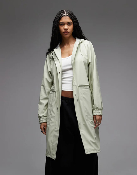  Rains 18550 String Waterproof Cinched Longer Parka Jacket In Light Green 