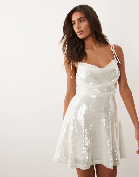  Rare London Sequin Ruched Bust Tie Back Floaty Mini Dress In White Multi 
