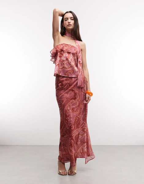  Reclaimed Vintage Limited Edition Satin And Chiffon Mix Skirt With Ruffles In Pink Paisley Print Multi 