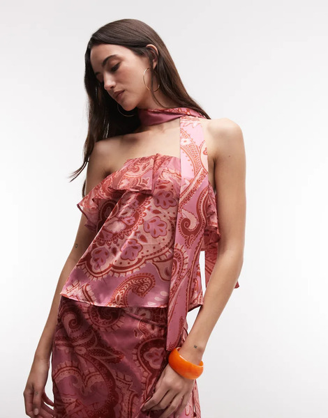  Reclaimed Vintage Limited Edition Satin Bandeau Top With Frill Detail And Scarf In Pink Paisley Print Multi 