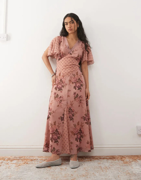  Reclaimed Vintage Midi Tea Dress With Lace Trim And Flutter Sleeves In Spliced Pink Floral And Polka Dot Print Multi 