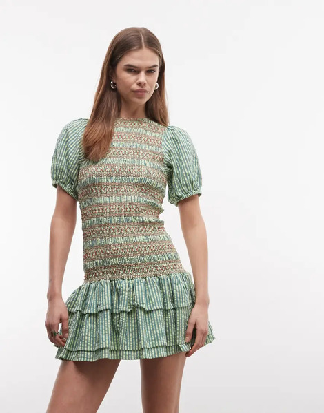  Reclaimed Vintage Mini Shirred Dress With Puff Sleeve In Green Stripe With Contrast Red Binding Multi 
