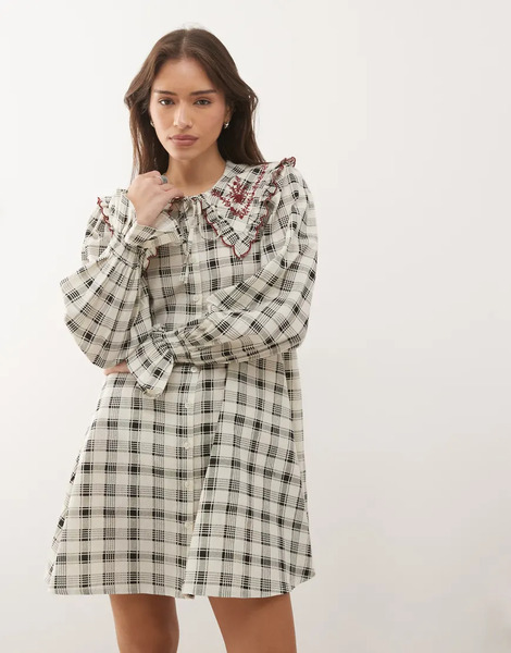  Reclaimed Vintage Mini Shirt Dress With Oversized Collar And Embroidery In Black And White Check Multi 