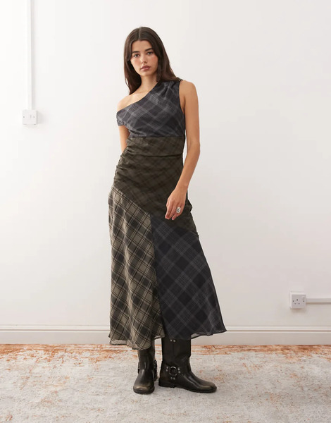  Reclaimed Vintage Off The Shoulder Midi Dress With Side Split In Spliced Blue And Green Checks Multi 