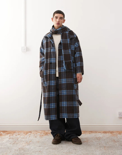  Reclaimed Vintage Wool Look Maxi Duster Coat With Funnel Neck And Matching Scarf In Blue And Brown Check 