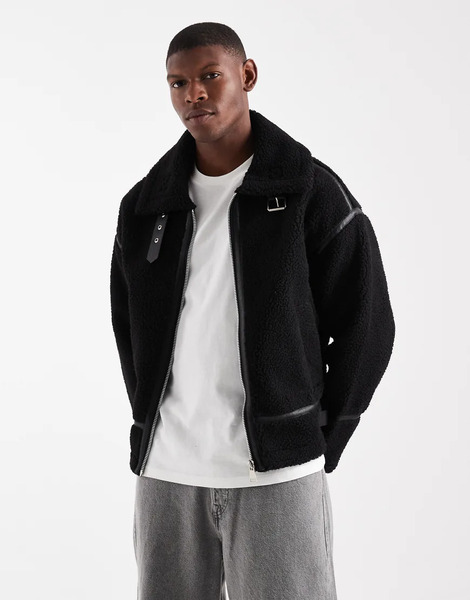  Redefined Rebel Boxy Sherling Aviator Jacket In Black 