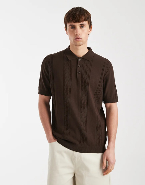  Redefined Rebel Griffin Knit Polo Top In Coffee Brown 