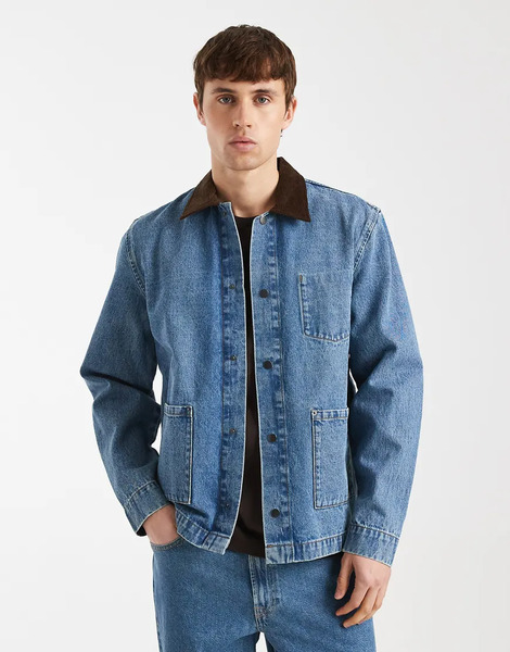  Redefined Rebel Wallace Denim Utility Style Jacket With Contrast Collar In Mid Blue 