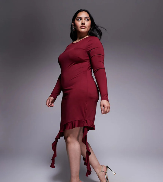  Renee Studio Double Sculpted Slinky Long Sleeve Asymmetric Frill Hem Drape Detail Mini Dress In Burgundy Red 