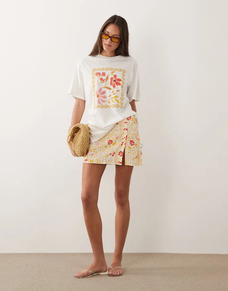  Rhythm Front Split Mini Skirt In Lemon Wildflower Print Multi 