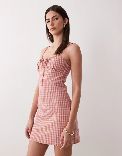  Rhythm Gingham Print Gathered Mini Dress In Pink 