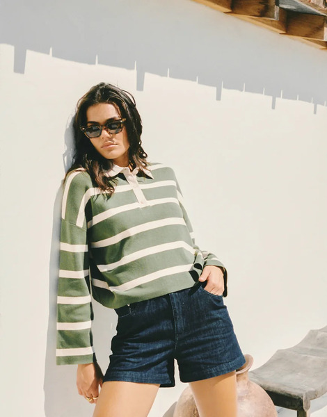  Rhythm Rugby Polo Top In Olive Stripe Green 
