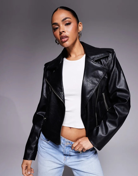  River Island Boxy Faux Leather Biker Jacket Black 