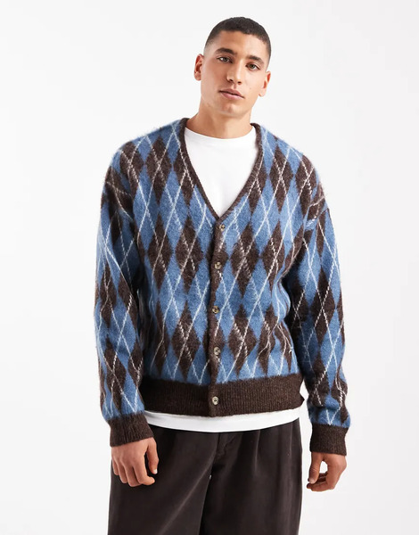  River Island Brushed Argyle Cardigan In Blue Multi 