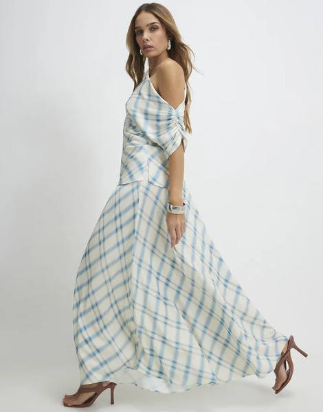  River Island Check Maxi Skirt In Blue   Light 