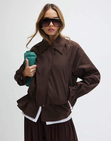  River Island Drop Hem Drawstring Jacket In Brown   Dark 