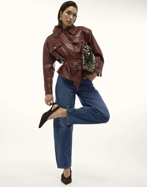  River Island Faux Leather Belted Jacket In Red 