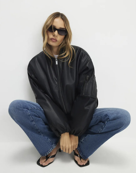  River Island Faux Leather Bomber Jacket In Black 