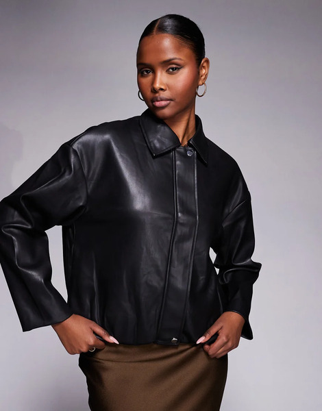  River Island Faux Leather Collared Bomber In Black 