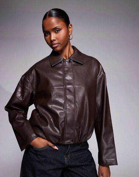  River Island Faux Leather Collared Bomber In Dark Brown 