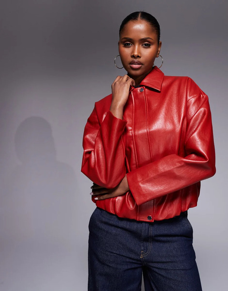  River Island Faux Leather Collared Bomber In Red 