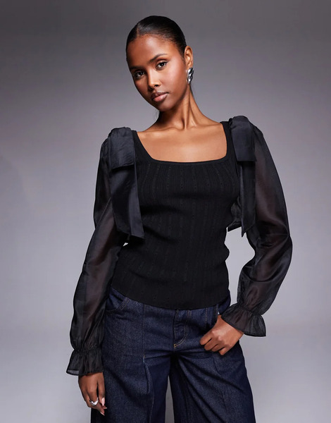  River Island Mesh Sleeve Knitted Top In Black 