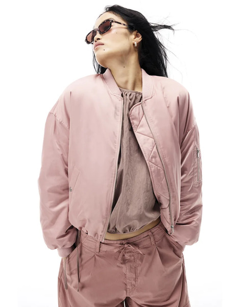  River Island Oversized Ruched Hem Bomber Jacket In Pink 