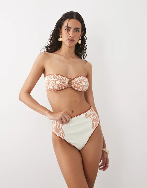  River Island Patterned Textured Bikini Bottom In Orange 