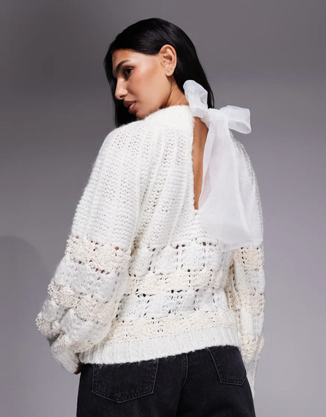  River Island Pointelle Bow Back Jumper In White 