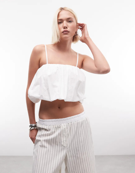  River Island Poplin Bubble Hem Top In White 