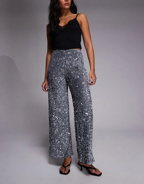  River Island Sequin Pull On Trousers In Silver 