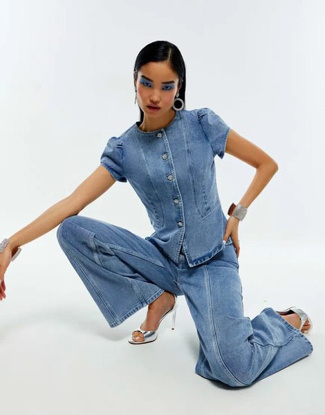  River Island Washed Bling Button Denim Top In Denim   Medium Blue 