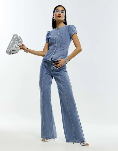  River Island Washed Bling Button Wide Leg Jeans In Denim   Medium Blue 