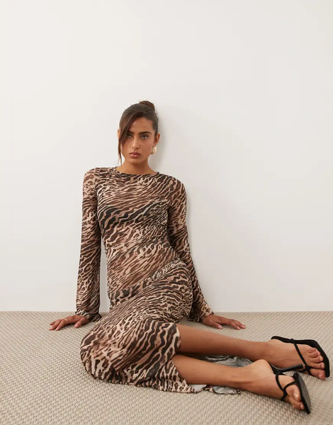  Ruched & Ready Mesh Flared Long Sleeve Maxi Dress In Leopard Print Multi 