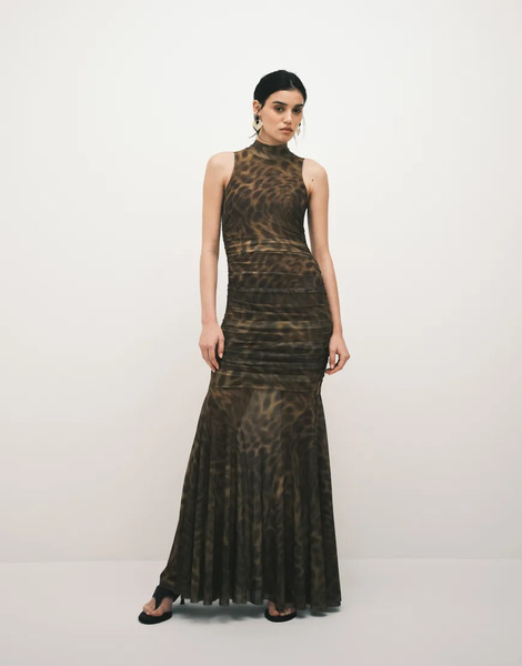  Ruched & Ready Sculpting Mesh High Neck Sleeveless Drape Fishtail Hem Maxi Dress In Blurred Leopard Print Multi 