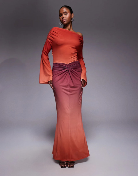  Ruched & Ready Sculpting Mesh Off Shoulder Wide Sleeve Twist Skirt Detail Maxi Dress In Plum Ombre Multi 