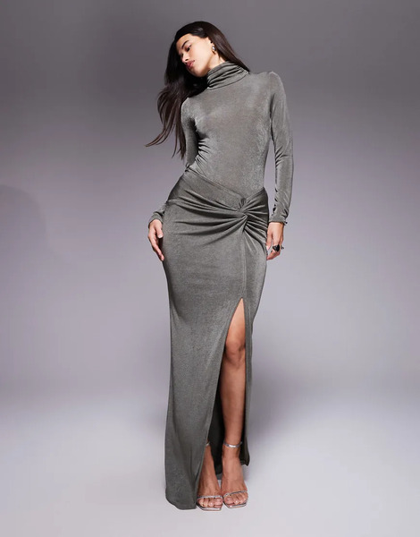  Ruched & Ready You Could Never Sculpted Textured Slinky Side Twist Thigh Split Maxi Skirt Co Ord In Olive Green 