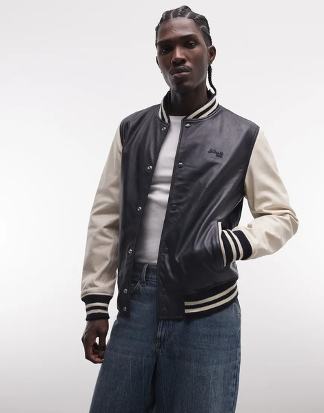  Schott Leather Varsity Jacket In Navy And Off White Multi 