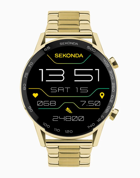  Sekonda Active Plus Mens 45mm Smartwatch Watch With Gold Case And Stainless Steel Bracelet With Lcd Dial 