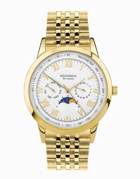  Sekonda Armstrong Mens 40mm Analogue Watch With Gold Case And Stainless Steel Bracelet With Silver White Dial 