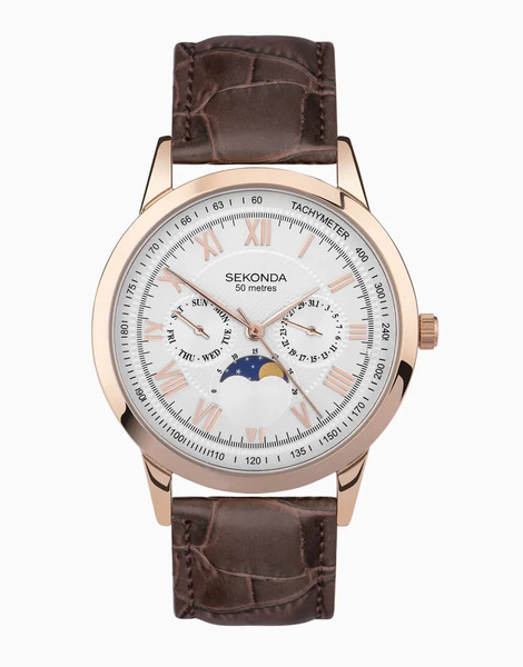  Sekonda Armstrong 40mm Moon Phase Mens Watch Rose Gold Alloy Case & Brown Leather Strap With Silver Dial 