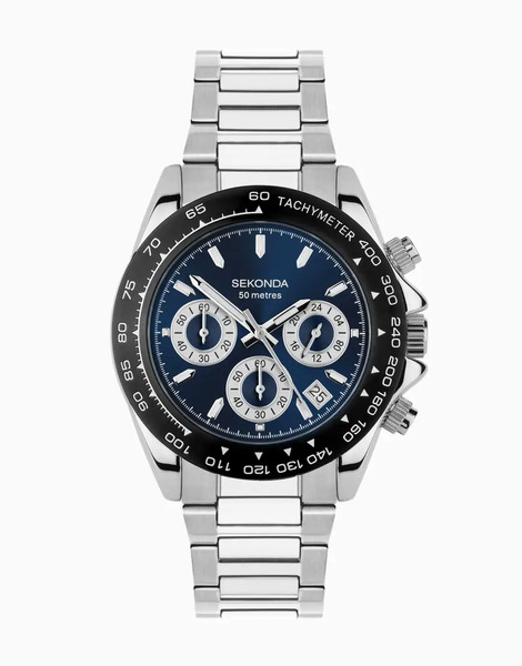  Sekonda Circuit Mens 39mm Analogue Watch With Silver Case And Stainless Steel Bracelet With Dark Blue Dial 
